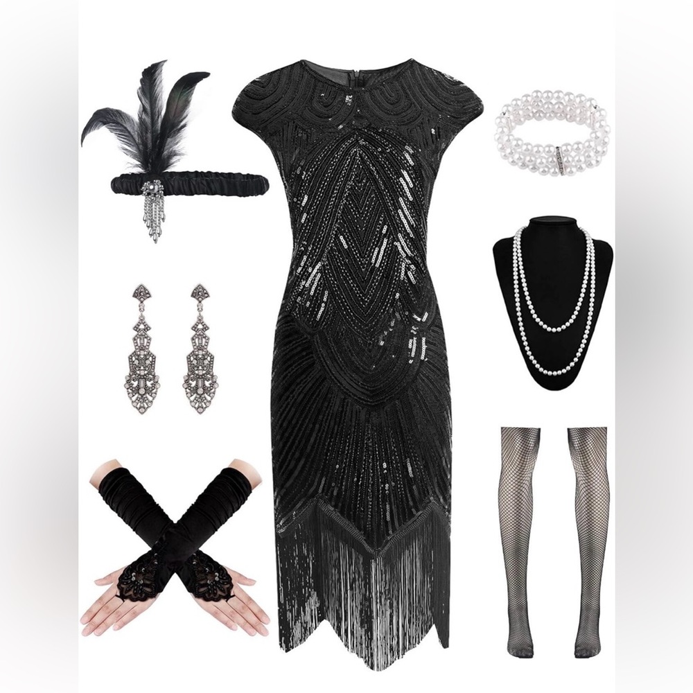 Elegant Black Sequin Fringe Dress Costume with accessories size large - Picture 2 of 4